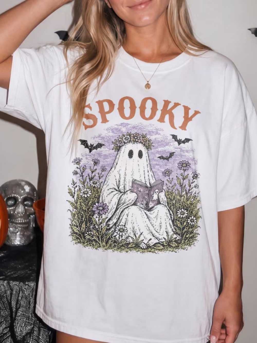 Spooky Ghost Reading Halloween Shirt, Floral Flower Crown Vintage Graphic Tee